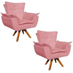 Kit 2 Poltronas Decorativas Sala De Estar Base Giratória Madeira Opla Suede Rose - Ibiza