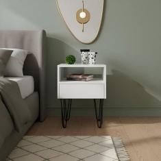 Mesa de Cabeceira Lateral Nicho com Gaveteiro Pés Hairpin Legs Estilo Industrial Off White Laca