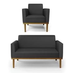 Sofá Namoradeira com Poltrona Base de Madeira Fixa Castanho Marisa mat