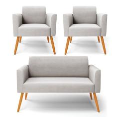 Sofá Namoradeira Com 2 Poltronas Pés Palito Castanho Marisa Veludo D03 - D\'rossi Cor Cinza