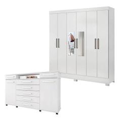 Cômoda London E Guarda Roupa Casal Prático Branco Com Espelho - Demóbile