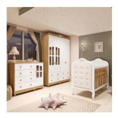 Quarto de Bebê Guarda-roupa e Cômoda com Janelas e Berço com Capitonê Maya Clássico Espresso Móveis Branco Brilho/Amêndoa/Branco