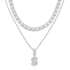 HH BLING EMPIRE Colar de corrente com pingente de letra inicial de diamante de zircônia cúbica gelada de prata, corda com pingente e corrente de tênis baguete | 2 conjuntos de colares, Zircônia