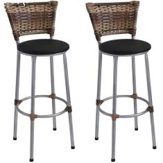 Kit 2 Banquetas Altas Prata com Encosto Junco Capuccino Assento Preto
