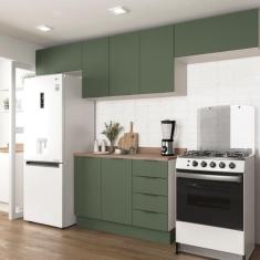 Cozinha Modulada 4 Peças com Tampo 3 Aéreos 5 Portas e 1 Balcão Ipanema CabeCasa MadeiraMadeira Verde Folha/Branco