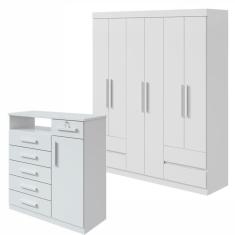 Conjunto de Guarda-Roupa Casal com Espelho 6 Portas 4 Gavetas Zeus e Cômoda Da Vinci Branco