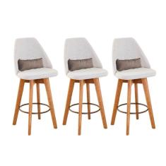 Kit 03 Banquetas Alta Maya Giratória Com Encosto Linho Bege Claro e Almofada Suede Bege - Aurora Line