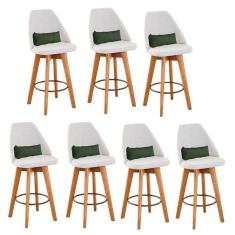 Kit 07 Banquetas Alta Maya Giratória Com Encosto Linho Bege Claro e Almofada Suede Verde Musgo - Aurora Line