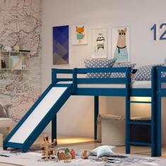 Cama Alta Kids com Escorregador em Madeira Maciça/MDF Azul