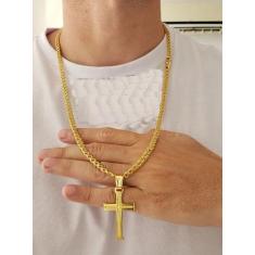 Cordão Banhado A Ouro 18k Friso Duplo 5mm Com Pingente Cruz - MK Jóias