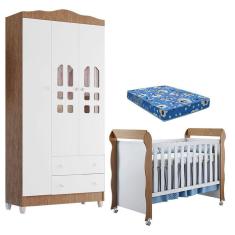 Berço Americano Mirelle e Guarda Roupa New Selena 3 Portas Branco Acetinado Amadeirado com Colchão Ortobom - Carolina Móveis