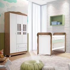 Quarto de Bebê Ariel Berço Mini Cama Mirelle Guarda Roupa Infantil 3 Portas Branco Amadeirado Carolina Baby