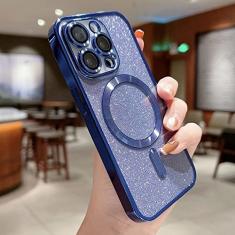 Luxo galvaniza caso de telefone de carga sem fio para iphone 14 13 12 11 pro max plus macio pára-choques glitter capa, azul, para iphone 13pro max