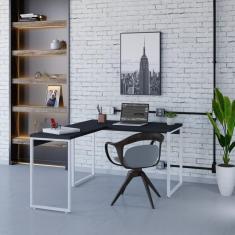 Mesa de Escritório em L Estilo Industrial 120x150cm Kuadra Preto Ônix / Est.Branca