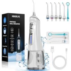 NBGRLVS Irrigador bucal sem fio para limpeza de dentes – Irrigador oral potente com 6 modos ajustáveis, 320 ml, portátil e recarregável, palhetas de limpeza à prova d'água IPX7 para viagens em casa