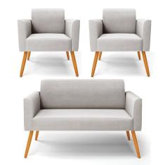 Sofá Namoradeira Com 2 Poltronas Pés Palito Castanho Marisa Veludo D03 - D\`rossi Cor Cinza