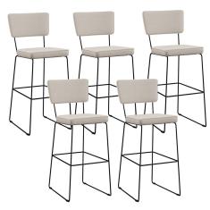 Kit 05 Banquetas Alta Base Em Aço Fixa Linho Cru