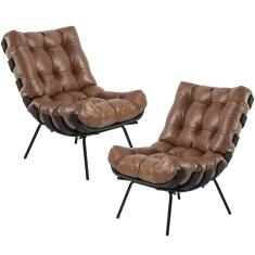 Kit 02 Poltronas Sala De Estar Costela Preto L04 Couro Mel