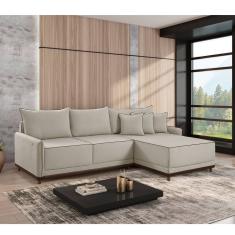 Sofá Linho 3 Lugares 264cm Com Chaise Lado Direito E Kit Usb Barra Creme