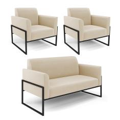 Sofá Namoradeira com 2 Poltronas Base Industrial Alta Preto Marisa Suede D03 - D'Rossi