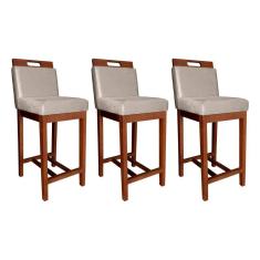 Kit 3 Banquetas Estofadas com Encosto Veneza Média 94 Cm Madeira Maciça Suede Bege CCS