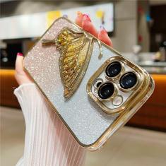 Capas de telefone transparentes com revestimento de areia movediça borboleta glitter gradiente para iPhone 11 12 13 14 Pro Max Capa de silicone macio à prova de choque, dourada, para iPhone 12 Pr