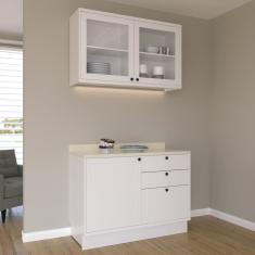 Cozinha Compacta Com Vidro 2 Peças 3 Portas 3 Gavetas Sevilha Branco Ártico /Cinza Argila