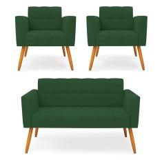 Kit 1 Sofá Namoradeira E 2 Poltronas Elisa Veludo Pés Palito Castanho - D`rossi Cor Verde