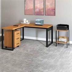 Escrivaninha em L 100% Mdf com Gaveteiro 3 Gavetas e Mesa Auxiliar 1 Prateleira Industrial Freijó/preto