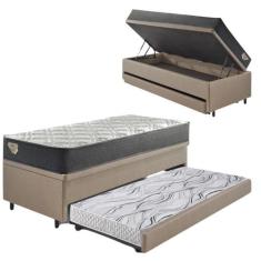 Bicama Box Baú Viúva 120x203 material sintético Linho Bege com Colchão