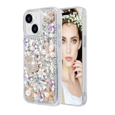 Losin Capa com glitter compatível com iPhone 14 Plus para mulheres e meninas, fofo, luxuoso, 3D, com glitter, diamante, strass, pedra preciosa brilhante e flor, amortecedor de TPU macio, transparente