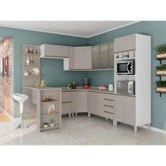 Armário De Cozinha Completa 10 Pçs Com Vidro Tampo Bancada Pérola Móveis Branco Polar Com Connect