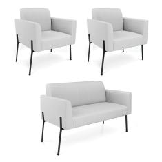 Sofá Namoradeira E 2 Poltronas Pé De Ferro Preto Marisa Linho D03 - D'rossi Cor Cinza