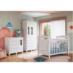 Quarto De Bebê Completo Guarda Roupas Cômoda Com Janelas E Berço 100% Mdf Aurora Espresso Móveis Branco Brilho