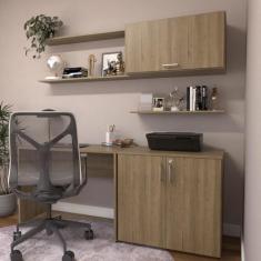 Conjunto de Mesa com Armário de Escritório, Armário Aéreo e 3 Pratelei