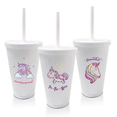 Kit 3 Copos com Tampa e Canudo Personalizados tema Unicornio Dia das Crianças