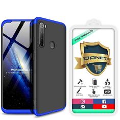 Kit Capa Capinha Anti Impacto 360 Full Para Xiaomi Redmi Note 8 Com Tela 6.3Polegadas - Case Acrílica Fosca Com Película De Vidro Temperado - Danet (Preto com azul)