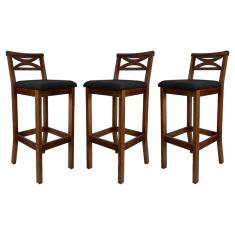 Kit 3 Banquetas Média Estofada para Bancada Madri Madeira Castanho Suede Preto CCS