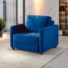 Sofá Cama 1 Lugar 100 Solteiro Veludo Paris Azul C/ Castanho