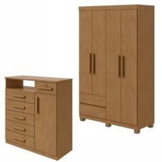 Conjunto de Guarda-Roupa 4 Portas 2 Gavetas Zeus com Pés e Cômoda 1 Porta 6 Gavetas 1 Nicho Da Vinci Amêndoa Clean