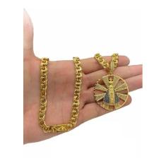 Cordão 8mm Friso Banhado A Ouro 18k + Pingente Nossa Senhora - Vip Joi