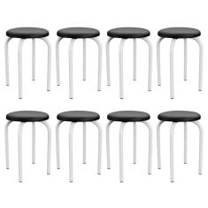 Kit 8 Banquetas Baixas Empilháveis Maviê Industrial Aço Assento Couro Sintético 45 cm Branco Mpozenato