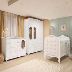 Quarto de Bebê com Guarda-roupa Cômoda e Berço com Capitonê Maya Provençal 100% Mdf Espresso Móveis Branco Brilho