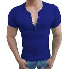 Camisa Henley Viscose Camiseta Slim Botão Manga Curta Sjons (Azul, PP)