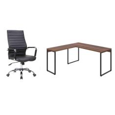 conjunto de mesa kuadra nogal 150 cm com cadeira de escritório diretor giratória cleaner preta