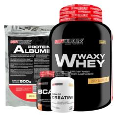 Kit Waxy Whey 2kg + Albumina 500g + BCAA 100g Tangerina + Power Creatina 100g - Bodybuilders Sabor Baunilha