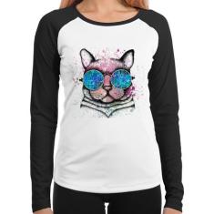 Baby Look Raglan Gato de Óculos Psicodélico Manga Longa - Foca na Moda