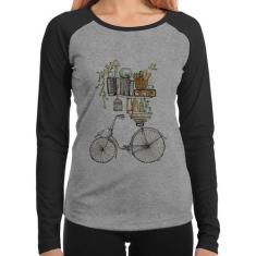 Baby Look Raglan Bicicleta e Livros Manga Longa - Foca na Moda, Cinza,