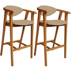 Kit 02 Banquetas Cecília L02 Assento em Linho Base Fixa com Encosto Altura 70 cm Bege Escuro