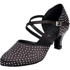 Tênis feminino de dança latina bico redondo tira no tornozelo dança 1007, Preto, 6.5